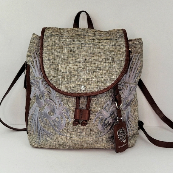 Tommy Bahama Beige and Brown Embroidered Backpack